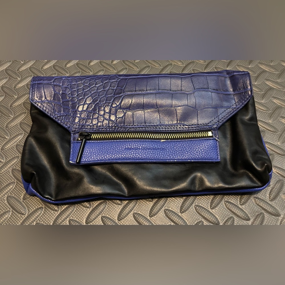 French Connection Clutch Touch Love Electric Blue Magnetic‎ Clasp 12" x 7" Black